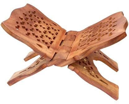 Wooden Hand Carved Rehal - Brown | Handcarfted Folding Book Display Stand for Reading & Prayer | Religious & Holy Books Stand for Home & Pooja (13 Inch X 6 Inch) - size: 13 Inch X 6 Inch
