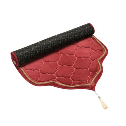 Muslim Prayer Rug Gold Rimmed Soft Thick Flannel Prayer Carpet Mat 25.5x45 Inch One of Three Random Patterns, Burgundy