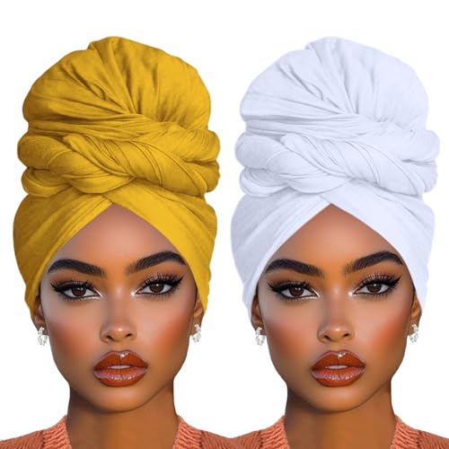 COOKOO 2 Piece Stretch Turban Head Wraps African Women's Hair Wraps Breathable Super Soft Head Bands Fashion Head Scarf Hijab Scarves Large Muslim Headwraps for Women(White+Turmeric) - color: White+Turmeric
