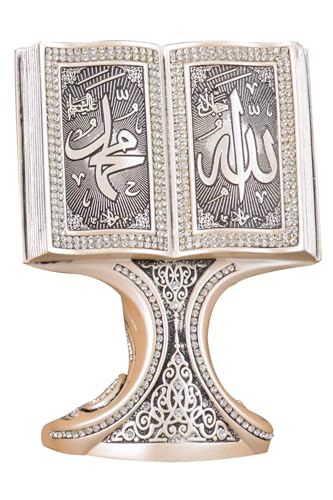 SODEF Nakkaş Kitap Boytu - Medium Book-Shaped Art, Fatiha & Bakara Surahs, Esameyn Names, Crystal Accents - Polyester, 6.1 x 4.5 inches - Mother of Pearl