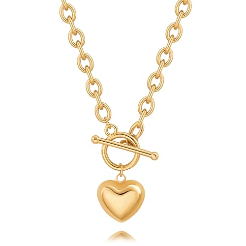 POTESSA 18K Gold Plated Pendant Necklace Medallion Coin Heart Y Shaped Chain Toggle Necklace for Women Jewelry - color: Heart OT