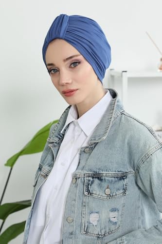 Aisha's Design Instant Turban Plain Cotton Scarf Head Wrap Lightweight Hat Bonnet Cap for Women - color: Indigo