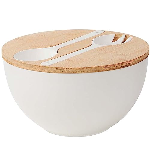 11.3" Extra Large Salad Serving Bowl Set with Wooden Lid&Utensils, 6.5Qt., Bamboo Fiber Salad Bowl with Servers for Kitchen, Lightweight Big Bowl for Mixing Salad,Fruit,Pasta - Matte White - color: Matte White, size: 11.3 inch