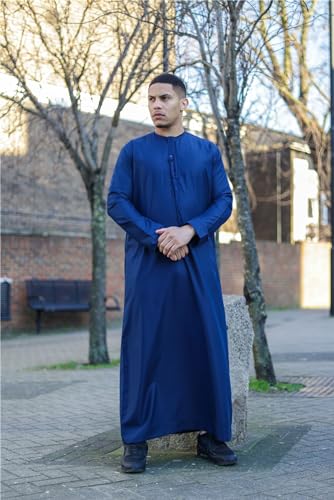 Men's Thobe Emirati Omani Jubba Islamic Clothing Muslim Kaftan Eid Robe Arab String Tassel - color: Navy Regular, size: 52