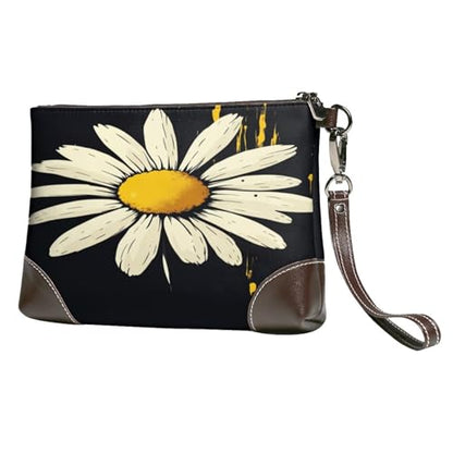 Leather Clutch Purse for Women, Large Capacity Wristlet Wallet with Removable Strap, Zip Handbag - color: Stylish Daisy