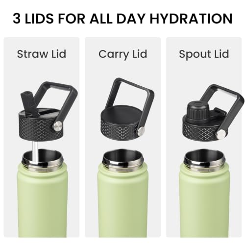 Konokyo Insulated Water Bottle 24oz Stainless Steel Sport Bottles with 3 Lids,Macaron Green - color: Macaron Green, size: 24 Ounces