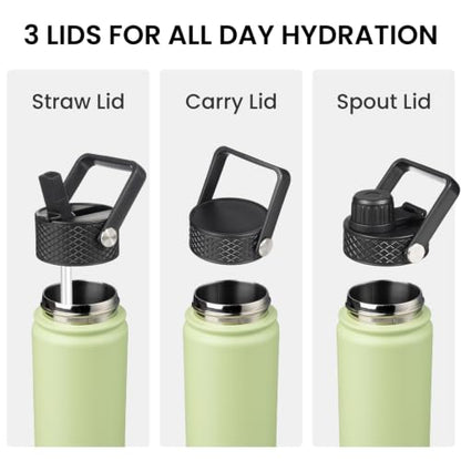 Konokyo 18 oz Insulated Water Bottle Stainless Steel Sport Bottles with 3 Lids,Macaron Green - color: Macaron Green, size: 18 Ounces
