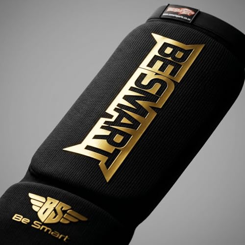 Be Smart MMA Shin Guards for Kickboxing, Muay Thai & Martial Arts – Padded Instep Protection, Lightweight Cotton Elastic Shin Pads – Adult & Youth Training Gear - color: Black/Gold, size: Large-X-Large