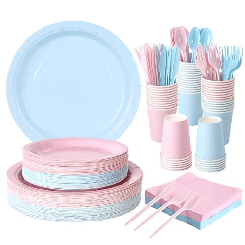 350 Pcs Gender Reveal Disposable Tableware Set for 50 Guests - color: Light Pink, Light Blue