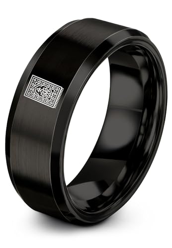 Gift for Muslim Devotee - Prayer Rug Pattern Ring - Black Yellow Rose Gold - Band - Anniversary Wedding - Personalized Custom Engraving - Flat Dome Bevel - 8mm - Men Women - Tungsten Carbide - color: 11 - Black Tungsten