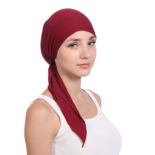 Instant Hijab Solid Beaded Long Tail Turban Wrap Cap Soft Stretchy Breathable Muslim Hair Baseball Hat - color: 07#_wine