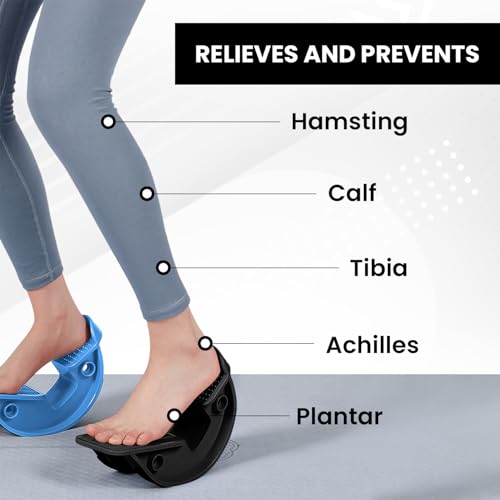Foot and Calf Stretcher for Plantar Fasciitis Relief - Foot Rocker with Yoga Stretching Strap, Hamstring & Achilles Stretcher - Non-Slip Home Physical Therapy Equipment for Flexibility & Recovery
