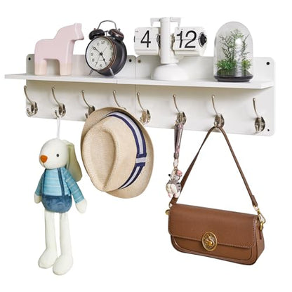 YMYNY 31.5" Coat Rack Wall Mount with Shelf and 8 Hooks, White, HWS006W-2 | 2 Pack Coat Hooks Key Holder Wall Mount, Wood Wall Mounted Coat Rack with Wall Hooks for Hanging, Towel Hooks for Bathroom - color: White