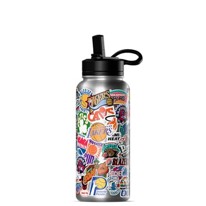 Hydrapeak NBA Officially Licensed Hardwood Classics Retro All-Team Sticker Print Logo 32oz Insulated Water Bottle with Straw Lid and Handle, Stainless Steel Tumbler for Old School NBA Fans - color: NBA Hardwood Classics, size: 32 Ounces