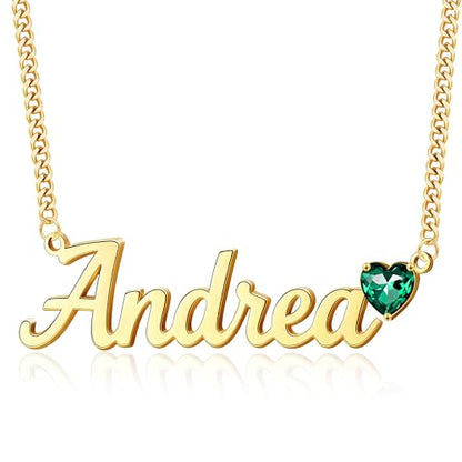 DayOfShe Name Necklace Personalized for Women, 18K Gold Plated Cuban Chain Necklaces Customized with Name as Christmas Girlfriend Gift - color: Heart Birthstone