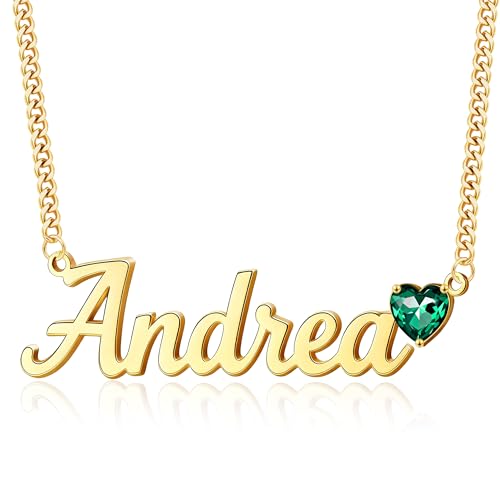 DayOfShe Name Necklace Personalized for Women, 18K Gold Plated Cuban Chain Necklaces Customized with Name as Christmas Girlfriend Gift - color: Heart Birthstone