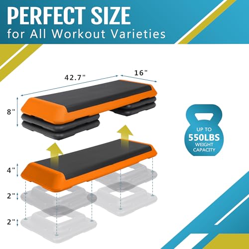 F2C 43 inch Aerobic Exercise Step Platform Adjustable Height Stepper Exercise Workout Step Bench with 4 Risers 4" - 6" - 8" Large Fitness Exercise Stair Step for Home Gym Fitness Training - color: Yellow