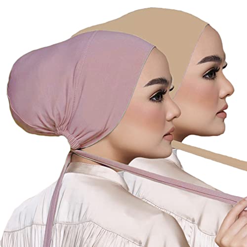 Women Under Scarf Hat Hijab Undercap Islamic Muslim Under Scarf Hijab Cap with Tie-Back Closure - color: Pink+beige