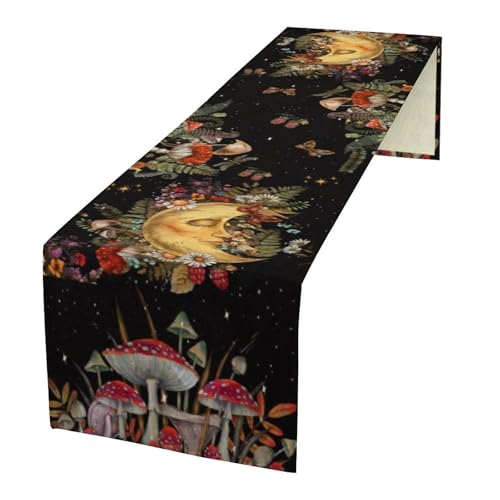 Boho Moon Table Runner,Retro Plant Mushroom Mystical Seasonal Table Runner for Home Indoor Outdoor Kitchen Holiday Birthday Party Wedding Decor 13x36 Inch - color: Moon-4, size: 13x36in