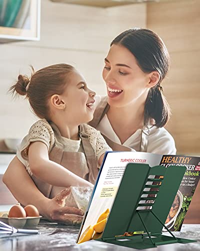 MSDADA Book Stand Metal Reading Rest Book Holder Adjustable Cookbook Documents Holder Portable Sturdy Bookstands for Recipes Textbooks Tablet Music Books with Page Clips (Military Green) - color: Military Green
