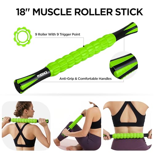 Muscle Roller & Massage Roller Stick for Athletes - Lymphatic Drainage Support, Relieves Muscle Soreness, Cramping & Tightness - Targets Legs, Arms, Back & Calves （Green ） - color: Green