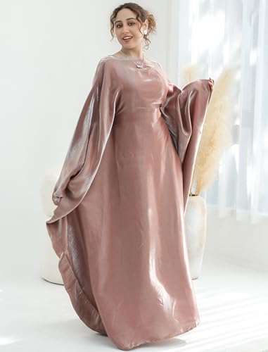 Dubai Bat Sleeve Dress Shiny Robe for Women Muslim 1pc Abaya Eid Prayer Clothes Soft Dubai Travel Party Dress Maxi Abaya - color: Dried Rosea, size: Medium