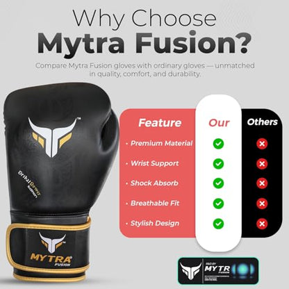 Mytra Fusion Boxing Gloves – Kickboxing Gloves for Men & Women Boxing Training Gloves MMA Muay Thai Gloves Punching Gloves - color: Black/Gold, size: 18-oz