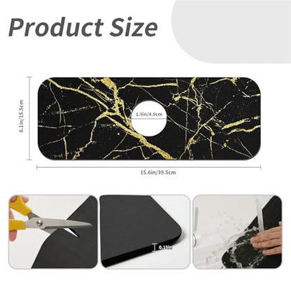 Kitchen Sink Splash Guard，Black gold marble-1 Faucet Mat Sink Gadgets-Super Absorbent Fast Drying Mat Drip Catcher for Kitchen, Bathroom,Sink Mat, Dish Drying Mat, Bathroom(15" X 5.5" ) - color: Black gold marble-1