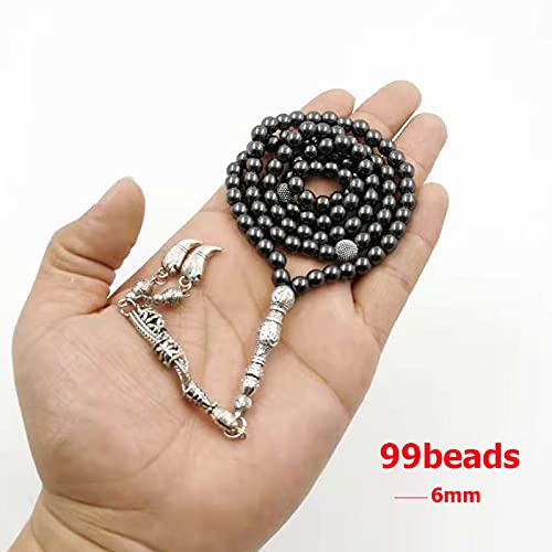 99beads 6mm Hematite Tasbih Natural Stone Metal Tassel Pocket Prayer Beads Muslim Bracelet Islam Stone Saudi Arabia Rosary (6mm x 99beads)