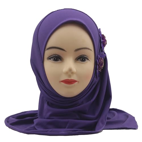 Soft Instant Hijab for Kids Girls Muslim Headscarf Islamic Scarf Shawl Wrap with Flowers - color: Purple-2 Flowers