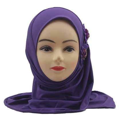 Soft Instant Hijab for Kids Girls Muslim Headscarf Islamic Scarf Shawl Wrap with Flowers - color: Purple-2 Flowers