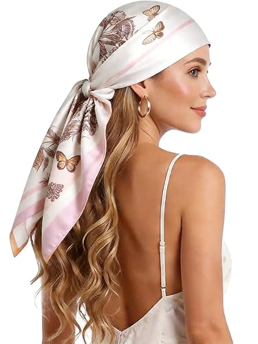 Silk-Feel 35x35 Satin Hair Scarf | Multi-Way Head Wrap for Sleep, Style & Hijab | Gift-Ready Fashion Scarf for Women - color: Pink-flowers