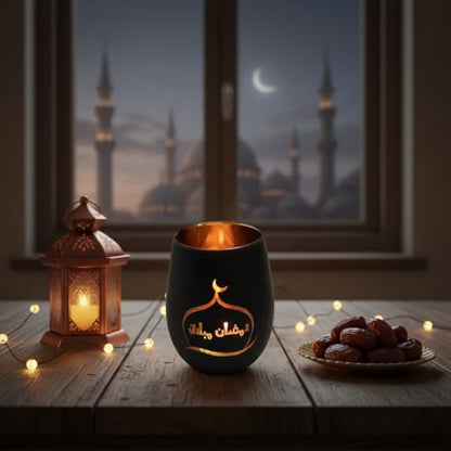 Ramadan Mubarak Decorations, Matte Black & Gold Glass Tealight Holders, Eid Mubarak Table Decor with Mosque Silhouettes, Luxury Islamic Home Decor & Gift for Ramadan Kareem