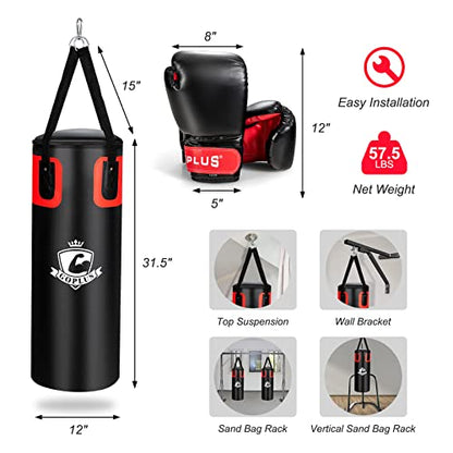 Goplus Punching Bag for Adults, 56 lbs Heavy Hanging Boxing Bag Set with 12 OZ Punching Gloves & Hand Wraps, Filled Kickboxing Bag Perfect for MMA, Muay Thai, Karate, Taekwondo Home Gym Training