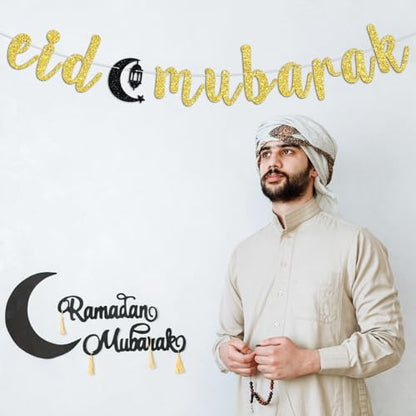 Eid Mubarak Banner, Ramadan Mubarak Banner for Hajj Eid Umrah Islamic Festival Muslim Party Decorations Supplies Gold Glitter