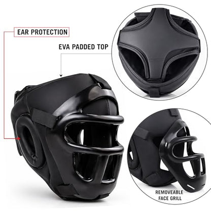 Boxing Headgear for MMA Training, Adjustable Padded Protective Helmet – Muay Thai, Kickboxing, Karate, Taekwondo & Martial Arts Sparring - size: S/M With Grill