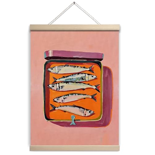 Sardine Decor Wall Art, Pink and Orange Still Life Fish Art, Vintage SeaLife Print Summer Wall Decor Nautical Fish Coastal Home Art, Sardine Decor for Kitchen Beach Room 12x16 - color: Pink and Orange Sardine