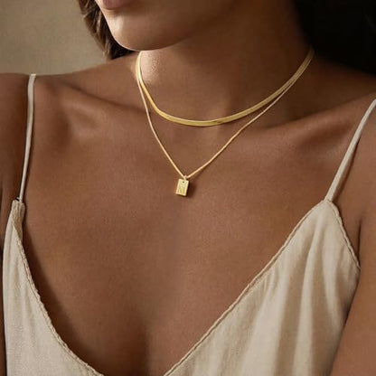 14K Gold Plated Layered Initial Necklace for Women with Herringbone Chain | Herringbone Choker & Letter Pendant, Waterproof Non-Tarnish Adjustable Snake Chain, 2Pcs Minimalist Stacking Jewelry Gift - color: M