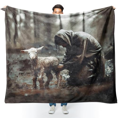 Jesus and Lamb Throw Blanket, 60"x80", Black, 100% Polyester, Warm, Art Deco Pattern, Perfect for Couch, Bed, Camping - color: A003 Jesus and Lamb Blankts, size: 60"W X80"L(152 X203CM)