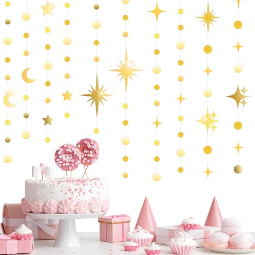 Star Garland, 55Ft Gold Star Moon Circle Dot Double-Sided Hanging Bunting Banner for Valentine’s Day Graduation Birthday Wedding Baby Shower Ramadan Kids Room Decor