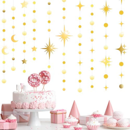 Star Garland, 55Ft Gold Star Moon Circle Dot Double-Sided Hanging Bunting Banner for Valentine’s Day Graduation Birthday Wedding Baby Shower Ramadan Kids Room Decor
