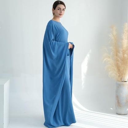 Women Muslim Abaya Dress 1Piece Bat Sleeve Islamic Maxi Robe Fashion Jilbab for Women Eid Kaftan Muslim Robe - color: Bluea, size: Large