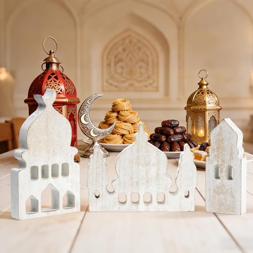 3 Pcs Ramadan Mosque Table Decoration White Wooden Islamic Mosque Signs Vintage Elegant Eid Mubarak Block Centerpieces for Home Kitchen Office Tiered Tray Shelf Mantel Muslim Festival Decor