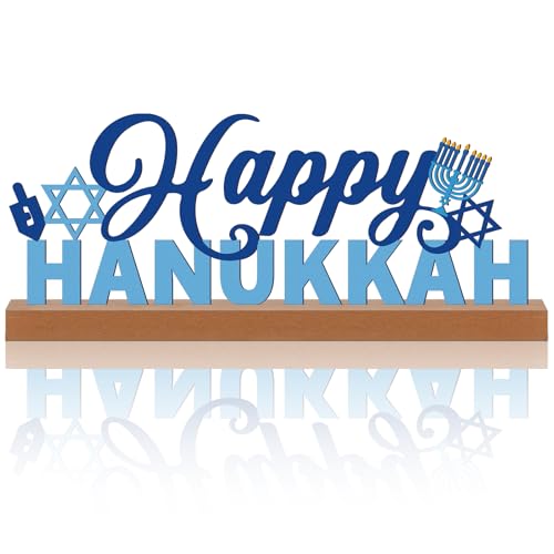 Yaocom 13.78 Inch Happy Hanukkah Table Decoration Happy Hanukkah Metal Letter Sign Star of David Freestanding Tabletop Centerpiece with Wooden Base Cutout Word Sign for Home Mantel Shelf Fireplace - style: Hanukkah