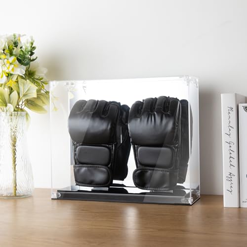 MMA Glove Display Case with Mirror Back, 2 Glove Holder, Acrylic Kickboxing Sparring Glove Half Finger Boxing Glove Display Case with Solid Base Stand, Watch The Video to Assemble