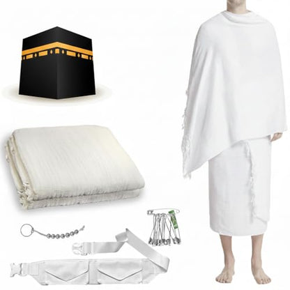 Ihram Set for Umrah Hajj Mens Boys 2 Piece Towels Set Cotton Lightweight Breathable Umrah Waist Belt Tawaf Beads Pins