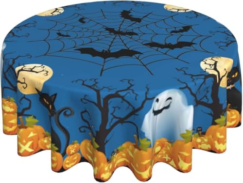 Blue Spooky Pumpkins Tablecloth Halloween Round Table Cover Washable Table Cloth for Home Kitchen Party Picnic 60 Inch - color: Blue Spooky Pumpkins