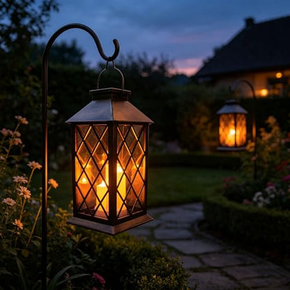 Solar Outdoor Lantern, Garden Hanging Waterproof Lanterns PVC Upgrade 3 LED Flickering Flameless Candle Decorative for Garden Women Mom Grandma Halloween Gifts (Grid Candle) - style: grid candle