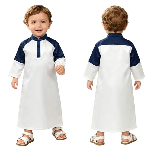 Lejafay Islamic Abaya for Boys Ramadan Eid Outfit Long Sleeve Stand Collar Dubai Thobe Kaftan Prayer Gowns - color: White, size: 18-24 Months