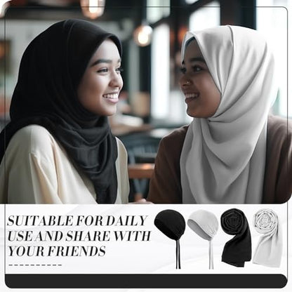 4 Pcs Women Solid Chiffon Hijab Scarves and Undercap Set Long Shawl Soft Wrap Scarves Muslim Inner Hijab Caps - color: Black, White